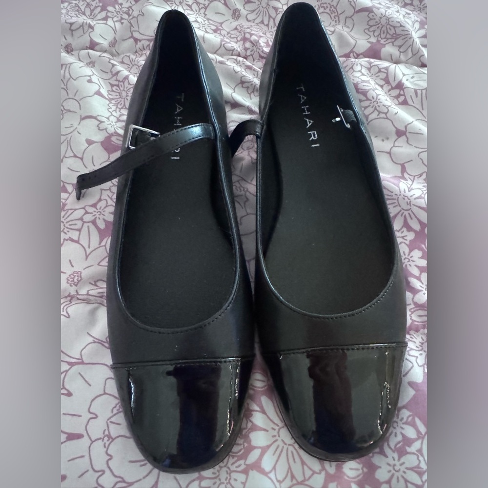 Tahari Black Patent Cap-Toe Mary Jane Flats